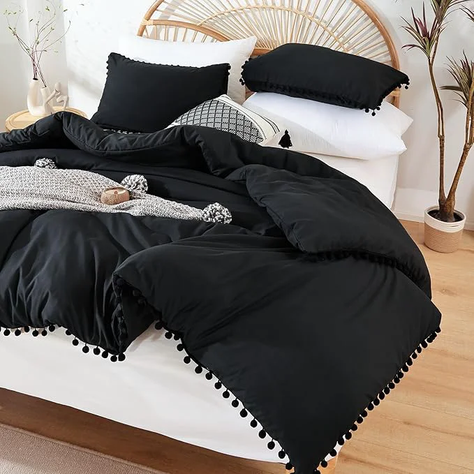 Solid YIRDDEO Queen Comforter Set – Comforter Queen Size Sets with Ball Pom Fringe Soft Bedding Set for All Seasons – 3 Pieces 1 Comforter 90 quot x90 quot amp 2 Pillow Shams 20 quot x26 quot Black Innovative