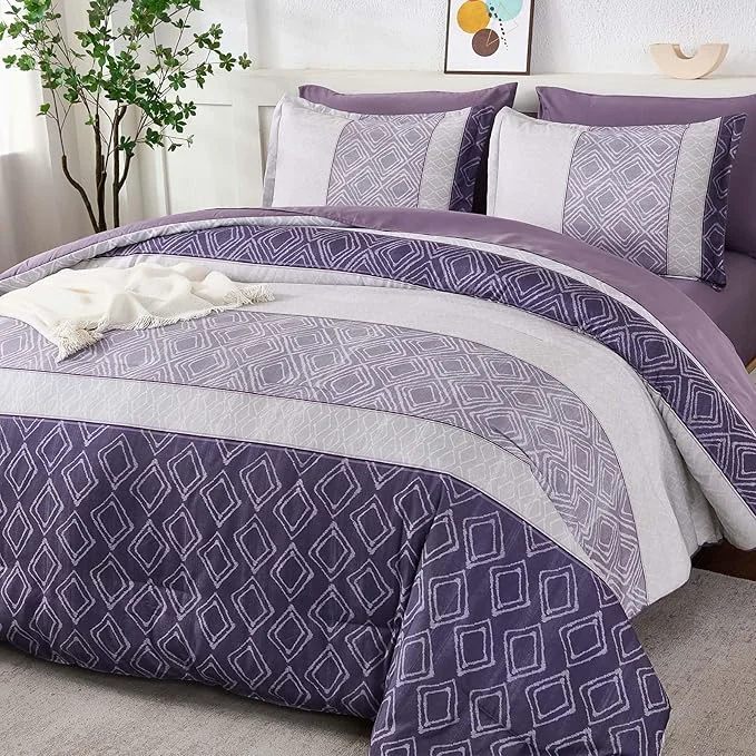 User-Friendly Dinjoy Purple King Size Comforter Set Striped Boho Bed in a Bag King 7 Pieces Soft Microfiber Warm Fall Bedding Comforters Sets Modern Complete Bed Set for Women All Season Official