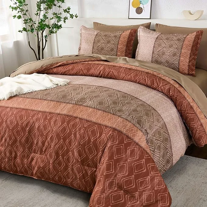 Flexible Dinjoy Red Brown King Size Comforter Set Striped Boho Bed in a Bag King 7 Pieces Soft Fall Bedding Comforters Sets Microfiber Complete Bed Sets for All Season Healthy