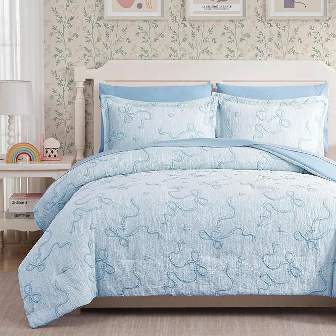 Minimalist Geniospin Light Blue Full Comforter Set for Girls- 7 Pieces Bowknot Jacquard Bed in A Bag Full Bedding Sets with Sheets Pillowcases amp Shams All Season Kids Comforter Set Versatile