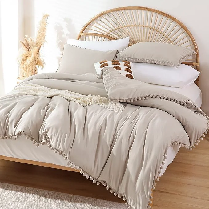 Sustainable YIRDDEO Full Size Comforter Sets – Full Size Comforter with Ball Pom Fringe Soft Bedding Set for All Seasons – 3 Pieces 1 Comforter 79 quot x90 quot amp 2 Pillow Shams 20 quot x26 quot Oatmeal Efficient