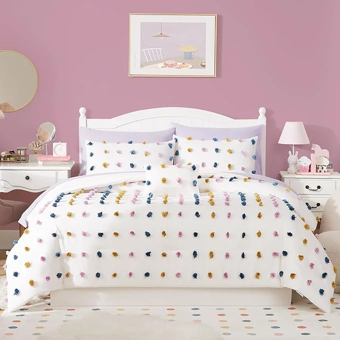 Exceptional Geniospin Colored Pom Queen Comforter Set 8 Pieces Ball Pom Comforter Sets Bed in a Bag Queen All Season Down Bedding Set Lightweight Warm and Breathable Natural