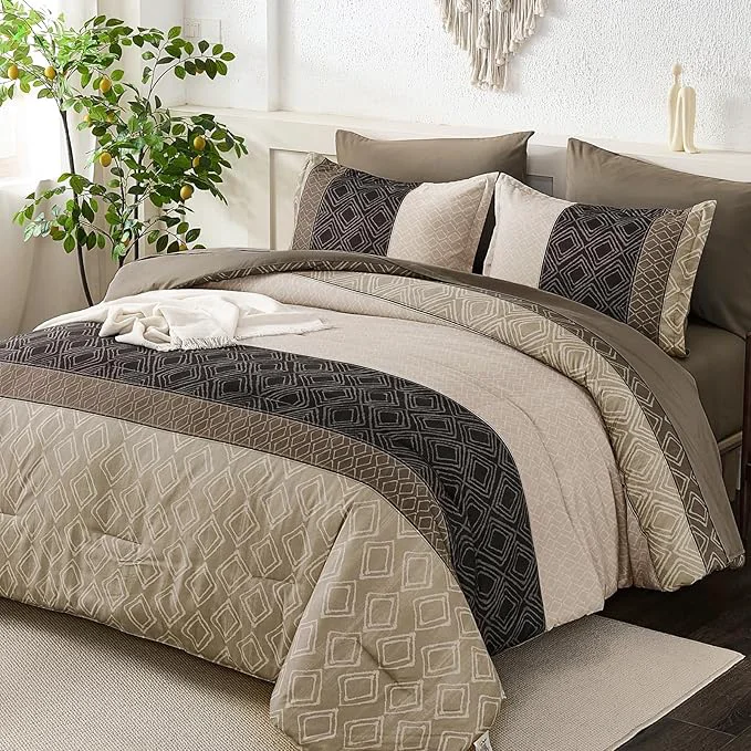 Natural Dinjoy Light Brown King Size Comforter Set Striped Boho Bed in a Bag King 7 Pieces Soft Fall Bedding Comforters Sets Microfiber Complete Bed Sets for All Season Pure