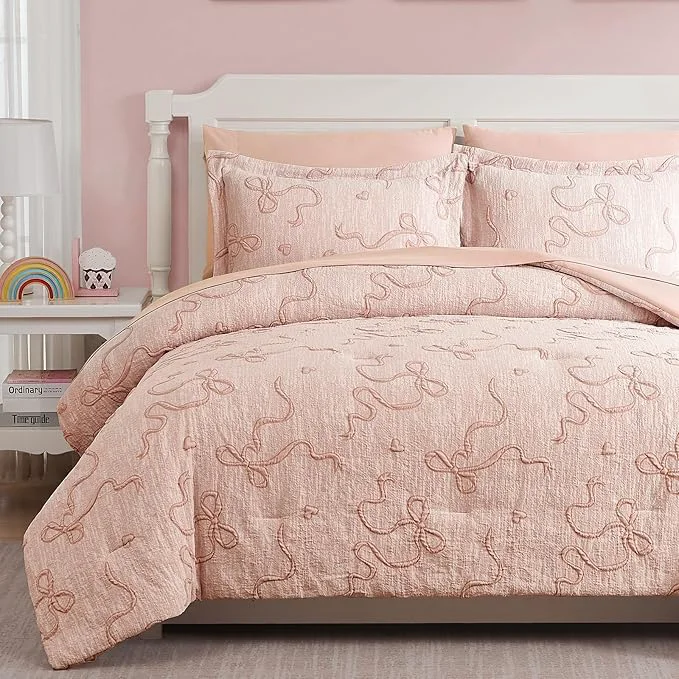 Advanced Geniospin Orange Pink Full Comforter Set for Girls- 7 Pieces Bowknot Jacquard Bed in A Bag Full Bedding Sets with Sheets Pillowcases amp Shams All Season Kids Comforter Set Reliable