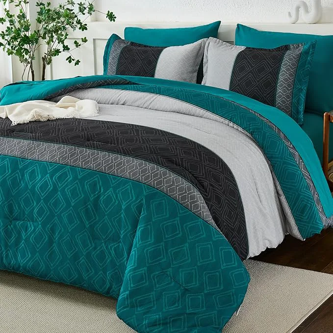 Efficient Dinjoy Boho Queen Comforter Set Teal Blue 7 Piece Bed in a Bag Queen Size Warm Striped Bedding Sets Dark Teal Plaid Fall Comforters Set with Sheets for Family All Season Safe