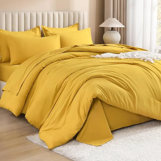 Solid Litanika Comforter King Size Set Mustard Yellow – 7 Pieces Bed in a Bag King Bedding Comforter Sets Plain Lightweight Bed Set with Comforter Sheets Pillowcases amp Shams Traditional