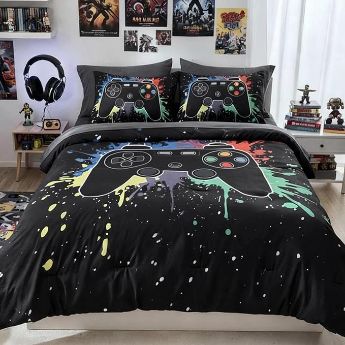 Elite Twin Comforter Set for Boys Kids – 5 Pieces Black Gamer Patterns Twin Bedding Sets for Boys Teen Soft Cozy Bed in A Bag with Sheets Breathable