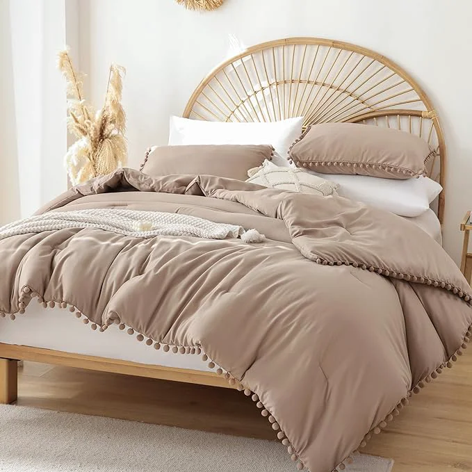Long-Lasting YIRDDEO Queen Comforter Set – Comforter Queen Size Sets with Ball Pom Fringe Soft Bedding Set for All Seasons – 3 Pieces 1 Comforter 90 quot x90 quot amp 2 Pillow Shams 20 quot x26 quot Taupe Enhanced