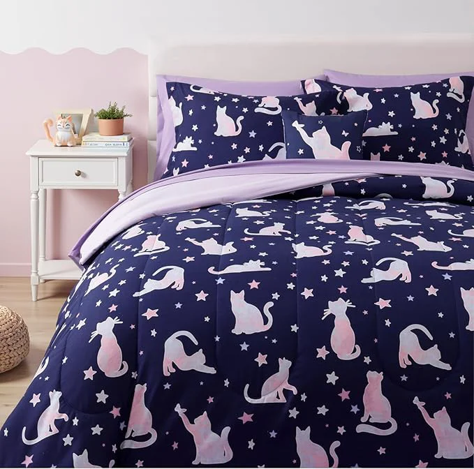 Refined Full Comforter Set for Girls Kids – 7 Pieces Cute Cat Full Size Bedding Sets for Kids Soft Cozy Bed in A Bag with Sheets Lightweight