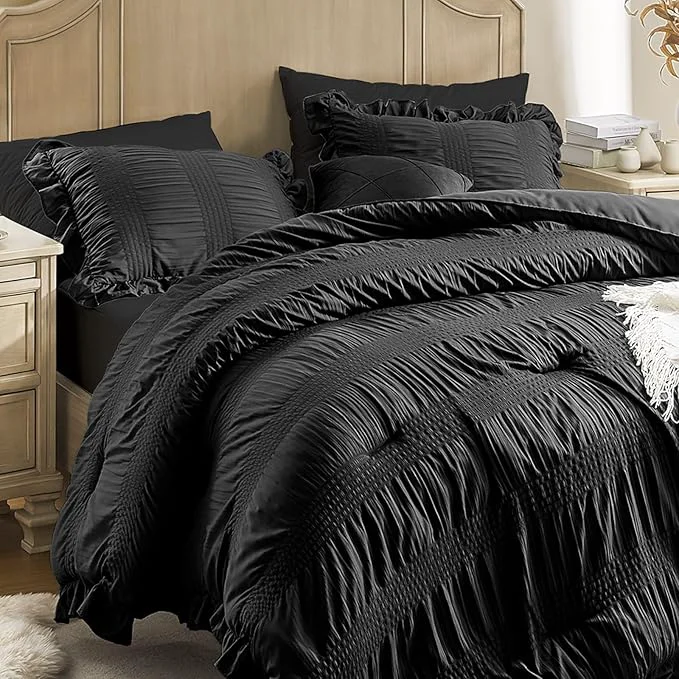 Exclusive Queen Comforter Set Seersucker 7 Pieces Luxury Ruffle Bed in a Bag Queen Size for All Season Black Bedding Set with Comforter Pillowcases Flat Sheet Fitted Sheet and Pillow Shams Recyclable