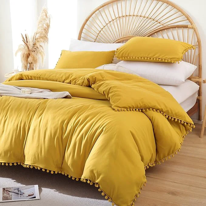 Excellent YIRDDEO Full Size Comforter Sets – Full Size Comforter with Ball Pom Fringe Soft Bedding Set for All Seasons – 3 Pieces 1 Comforter 79 quot x90 quot amp 2 Pillow Shams 20 quot x26 quot Mustard Yellow Dependable