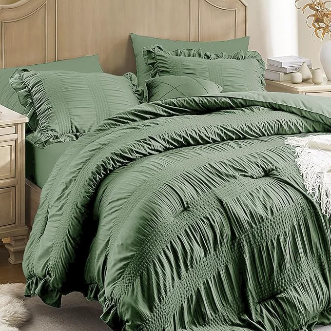 Stylish QUIETSEA King Comforter Set Seersucker 7 Pieces Luxury Ruffle Bed in a Bag King Size for All Season Green Bedding Set with Comforter Pillowcases Flat Sheet Fitted Sheet and Pillow Shams Original