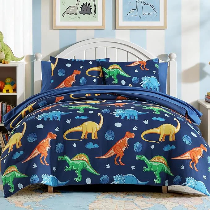 Fashionable Twin Comforter Set for Boys Kids – 5 Pieces Navy Dinasour Patterns Twin Bedding Sets for Boys Teen Soft Cozy Bed in A Bag with Sheets Powerful