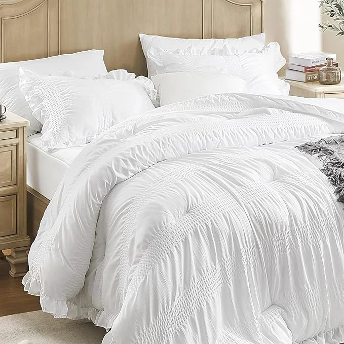 Consistent QUIETSEA Twin Comforter Set Seersucker 5 Pieces Luxury Ruffle Bed in a Bag Twin Size for All Season White Bedding Set with Comforter Pillowcase Flat Sheet Fitted Sheet and Pillow Sham Sophisticated