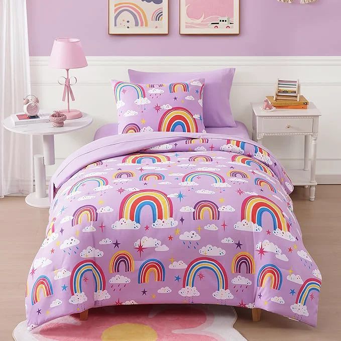 Exclusive Twin Kids Comforter Set – 5 Pieces Twin Bedding Sets for Girls Teen Glow in The Dark Purple Rainbow Bed in A Bag with Sheets Efficient