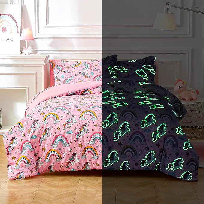 Optimized Glow in The Dark Kids Comforter Set 7 Pieces Pink Unicorn Bedding Set Full Size for Boys Girls Teen 1 Comforter 2 Pillowcases 2 Pillow Shams 1 Flat Sheet 1 Fitted Sheet Carefully Designed