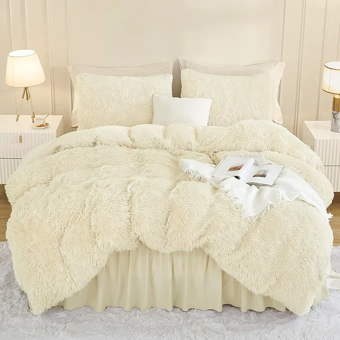 High-Performance Andency Faux Fur Beige Comforter Set King Size 3 Pieces Fluffy Fuzzy Plush Bedding Comforter Set 1 Shaggy Velvet Comforter amp 2 Pillowcases Soft Puffy Comfy Down Comforter Bedding Set Selected