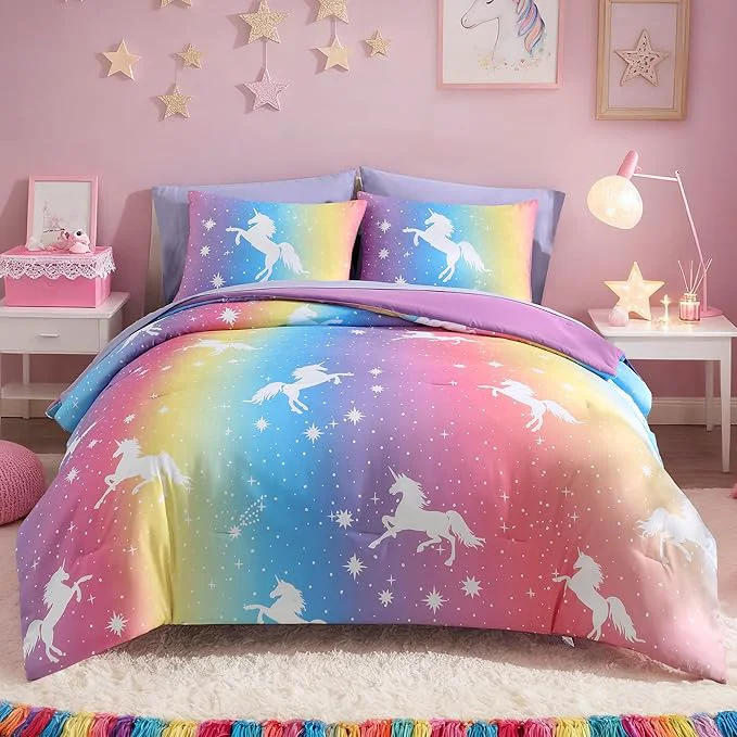 Innovative Twin Comforter Set for Girls Kids – 5 Pieces Rainbow Unicorn Patterns Twin Bedding Sets for Girls Teen Soft Cozy Bed in A Bag with Sheets High-Grade