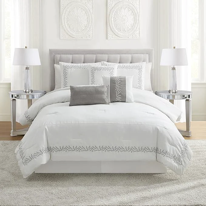 Optimized King Size Comforter Set 7-Piece Embroidered Faux Suede Bedding – Soft Elegant amp Complete Bedding Set with 1 Comforter 2 Pillow Shams 1 Bed Skirt and 3 Decorative Throw Pillows King White Easy-to-Use