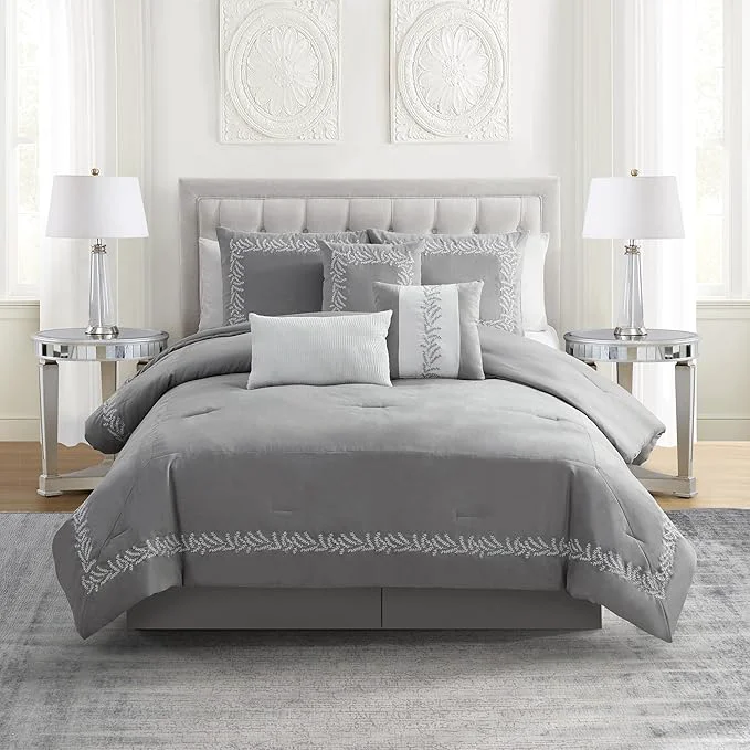 Safe Queen Comforter Set 7-Piece Embroidered Faux Suede Bedding – Soft Elegant amp Complete Bedding Set with 1 Comforter 2 Pillow Shams 1 Bed Skirt and 3 Decorative Throw Pillows Queen Gray Certified
