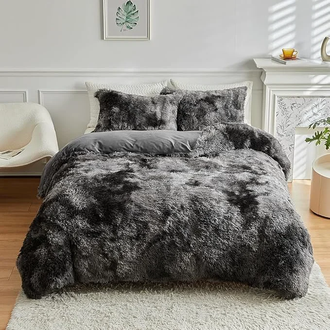 Long-Lasting Wajade Faux Fur Plush Tie Dye Dark Grey White Comforter Set Fluffy Fuzzy Shaggy Bedding Set – 3PC Full Size Microfiber Soft Warm Quilt Set Efficient