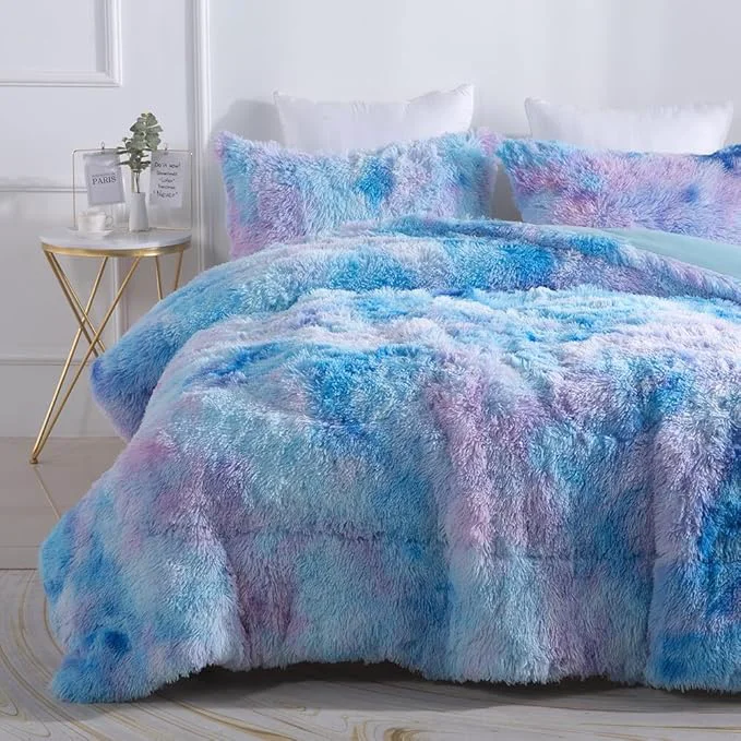 Optimized Wajade Fluffy Fuzzy Faux Fur King Size Comforter Set – King Duvet for Warm and Cozy Soft Bedroom 3 Pieces Premium Bedding Comforter Sets Galaxy Blue Natural