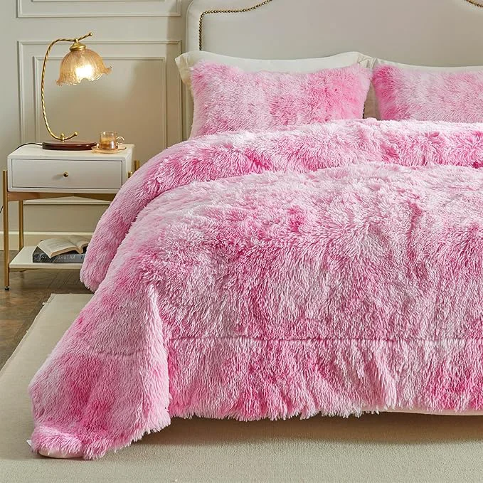 High-Quality Wajade Faux Fur Plush White Comforter Set Fluffy Fuzzy Shaggy Bedding Set – 3PC Full Queen Microfiber Soft Warm Quilt Set Pink King Luxury