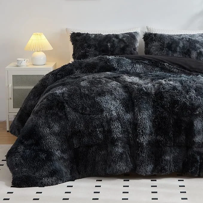 Traditional Wajade Faux Fur Plush Black Comforter Set Fluffy Fuzzy Shaggy Bedding Set – 3PC Full Queen Microfiber Soft Warm Quilt Set Eco-Friendly