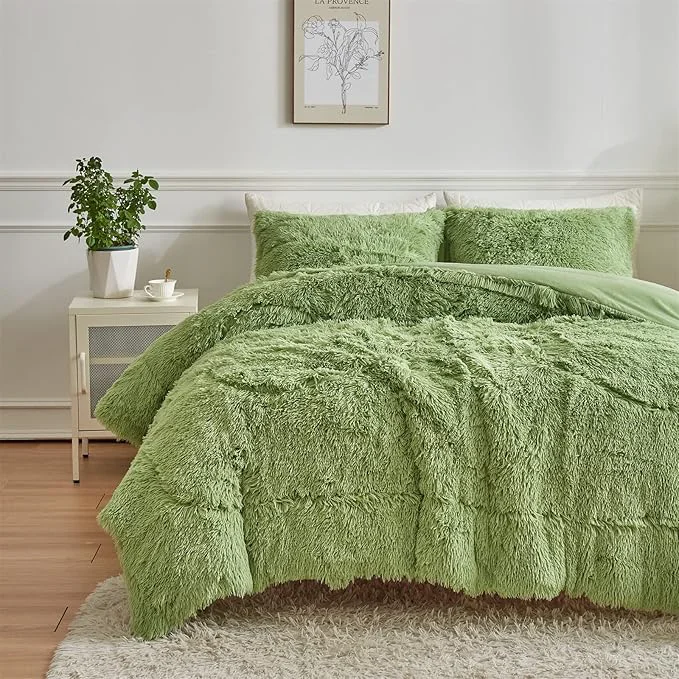 Practical Wajade Faux Fur Plush White Comforter Set Fluffy Fuzzy Shaggy Bedding Set – 3PC Full Queen Microfiber Soft Warm Quilt Set Sage Green King Minimalist