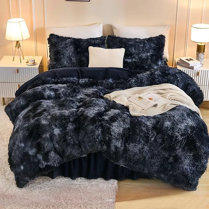 Professional Andency Faux Fur Tie-Dyed Black Blue Comforter for Queen Size Bed 3 Pieces Fluffy Fuzzy Plush Bedding Comforter Set 1 Shaggy Velvet Comforter amp 2 Pillowcases Recyclable