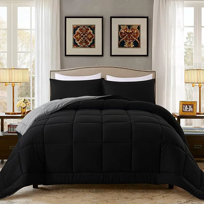Practical DOWNCOOL King Size Comforter Set -All Season Bedding Comforters Sets with 2 Pillow Cases -3 Pieces Bed Set Down King Bedding Set -Black Grey King Comforter Set 102 quot x90 quot Safe
