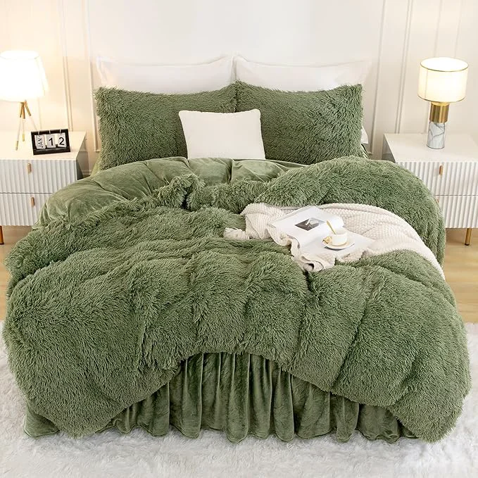 Superior Andency Faux Fur Sage Green Comforter Set Full Size 3 Pieces Fluffy Fuzzy Plush Bedding Comforter Set 1 Shaggy Velvet Comforter amp 2 Pillowcases Soft Puffy Comfy Down Comforter Bedding Set Enhanced
