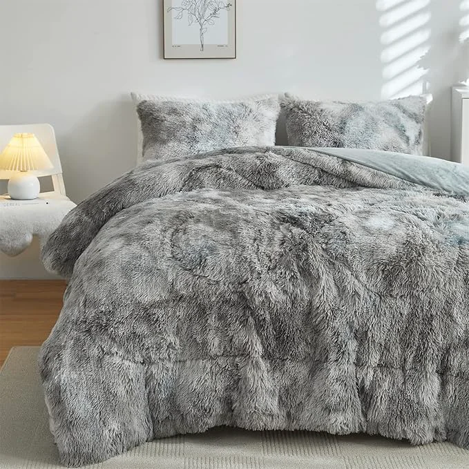Sustainable Wajade Faux Fur Plush White Comforter Set Fluffy Fuzzy Shaggy Bedding Set – 3PC Full Queen Microfiber Soft Warm Quilt Set Tie Dye Grey White King Optimized