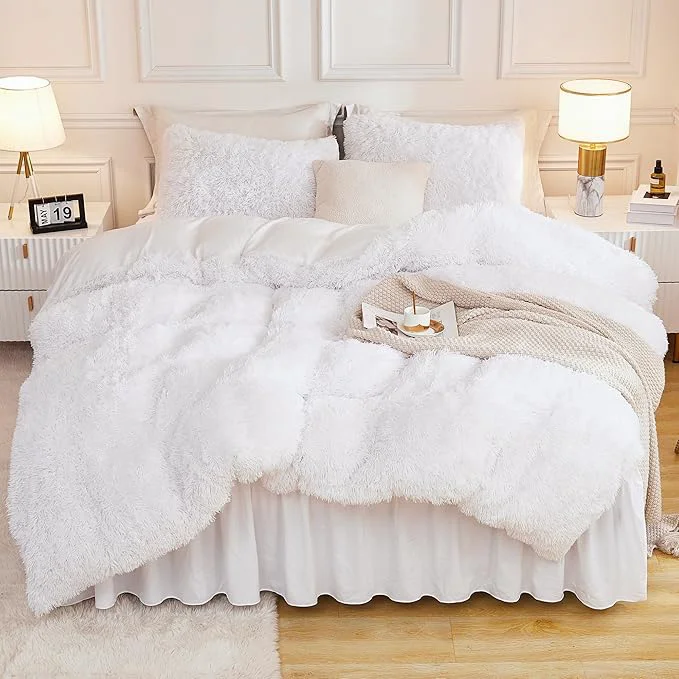 Professional Andency Faux Fur White Comforter Queen Size 3 Pieces Fluffy Fuzzy Plush Bedding Comforter Set 1 Shaggy Velvet Comforter amp 2 Pillowcases Soft Puffy Comfy Down Bedding Set Pure