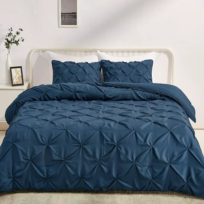 Official Amazon Basics Soft Lightweight King Size Comforter Sets All-Season Down- 3-Piece Bedding Set Pinch Pleat Design Navy Blue Smooth