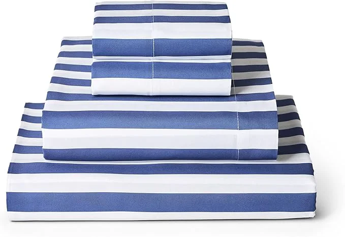 Solid Mellanni King Sheets Set – 4 PC Iconic Collection Bedding – Hotel Luxury Extra Soft Cooling Bed Sheets – Wrinkle Fade Stain Resistant King Oxford Stripe Blue Nova Natural