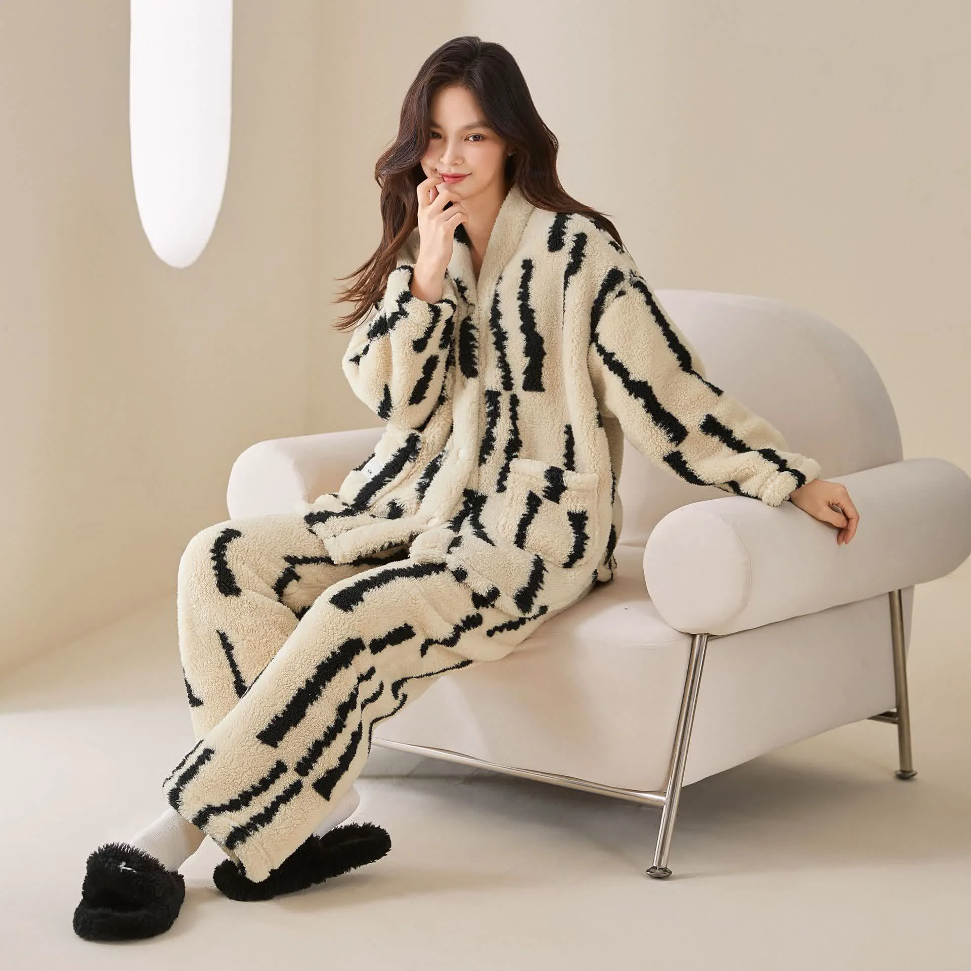 Quality Ownkoti Vertical Stripe Fleece Loungewear Set Classic