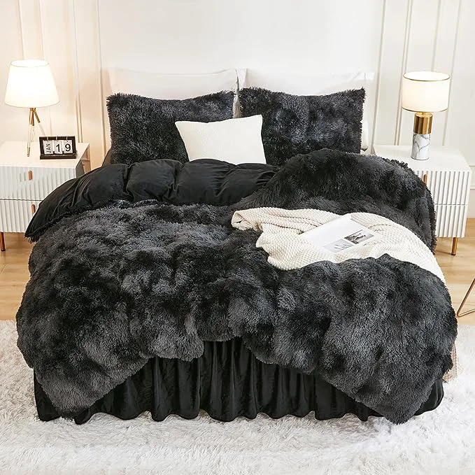 Responsible Andency Faux Fur Tie-Dyed Black Grey Comforter Set Full Size 3 Pieces Fluffy Fuzzy Plush Bedding Comforter Set 1 Shaggy Velvet Comforter amp 2 Pillowcases Soft Puffy Down Comforter Bedding Set Exclusive
