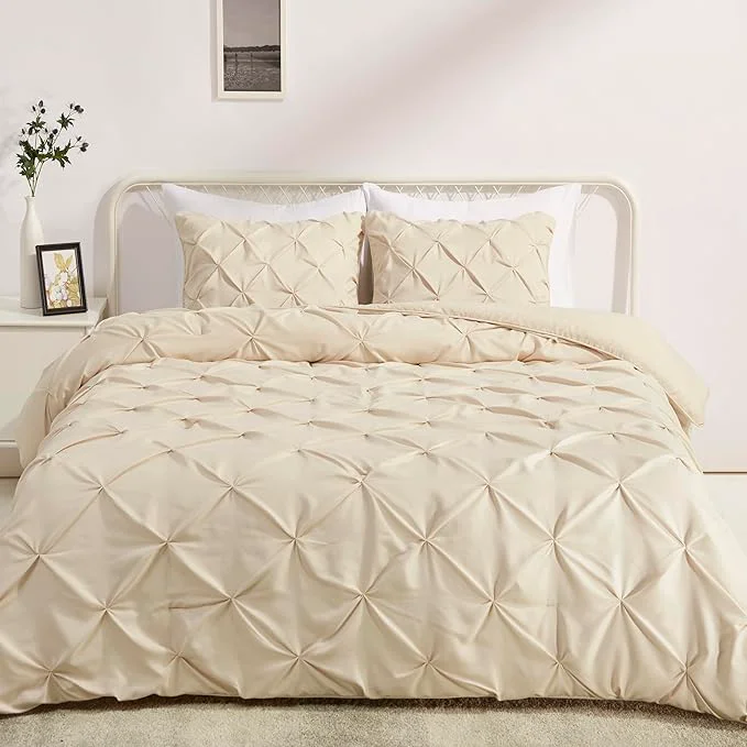 Exceptional Amazon Basics All-Season Down- 3-Piece Comforter Bedding Set Soft Lightweight Microfiber Pinch Pleat Design King Beige Prestigious
