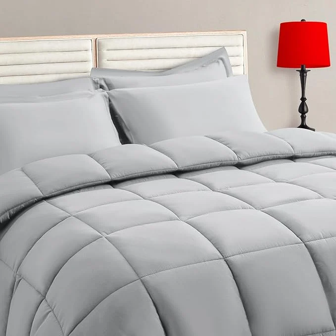 Lightweight Light Grey Full Size Comforter Set – 7 Pieces Bed in a Bag Bedding Sets with All Season Soft Quilted Warm Fluffy Reversible Comforter Flat Sheet Fitted Sheet 2 Pillow Shams 2 Pillowcases Light Gray Minimalist