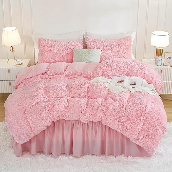 Professional Andency Faux Fur Pink Comforter Set King Size 3 Pieces Fluffy Fuzzy Plush Bedding Comforter Set 1 Shaggy Velvet Comforter amp 2 Pillowcases Soft Puffy Comfy Down Comforter Bedding Set High-End