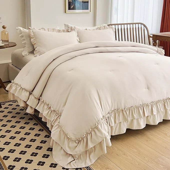 Solid AIKASY Camel Ruffle Comforter Twin 3 Pieces Vintage Ruffle Fringe Comforter Farmhouse Rustic Microfiber Down Bedding Comforter Set 1 Comforter 2 Pillow Shams Smooth