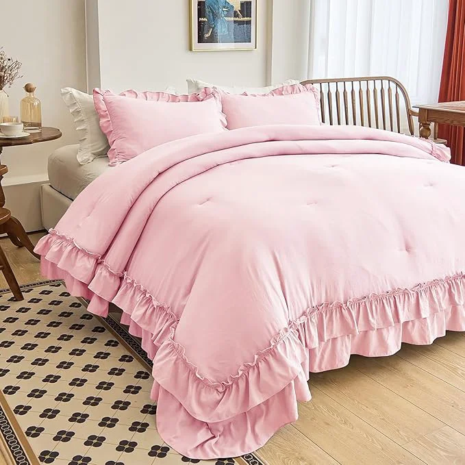 Powerful AIKASY Peach Pink Ruffle Comforter Set Queen 3 Pieces Vintage Ruffle Fringe Comforter Farmhouse Rustic Microfiber Down Bedding Outstanding