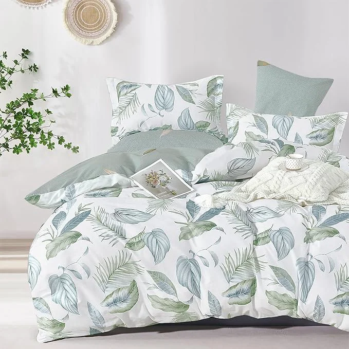 Versatile Botanical Cotton Comforter Queen Size – Sage Green Comforter Printed with Leaves amp Ferns on White Reversible Lightweight Bedding Sets 3Pcs Leaves 90 quot ×90 quot Top-Quality