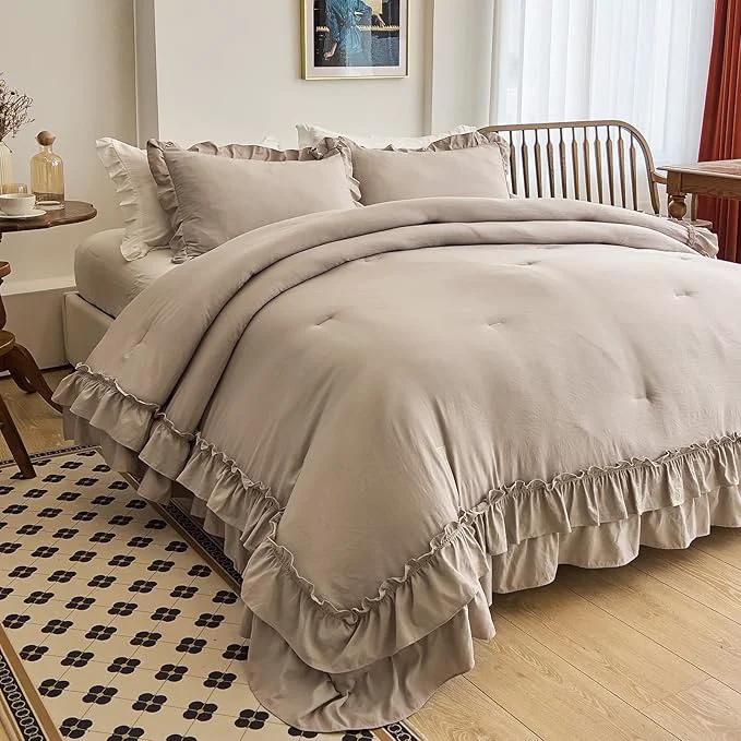 High-Grade AIKASY Taupe Comforters King Size Set Vintage Boho Chic Farmhouse Bedding Sets Shabby Ruffle Queen Bed Comforter Bedding 3PCS（1 Comforter and 2 Pillowcases） Original
