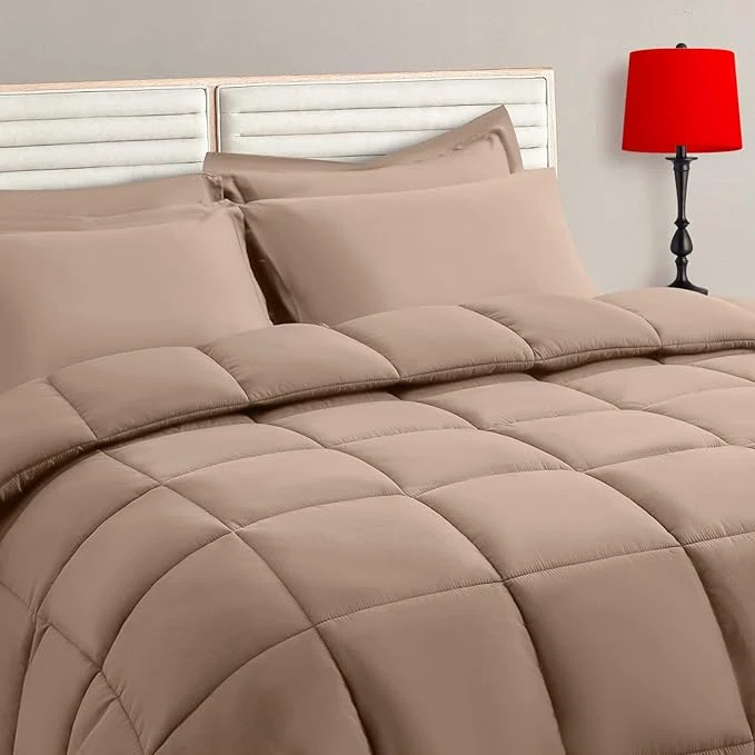 Innovative TAIMIT Beige King Size Comforter Set – 7 Pieces Bed in a Bag Bedding Sets with All Season Soft Quilted Warm Fluffy Reversible Comforter Flat Sheet Fitted Sheet 2 Pillow Shams 2 Pillowcases World-Class