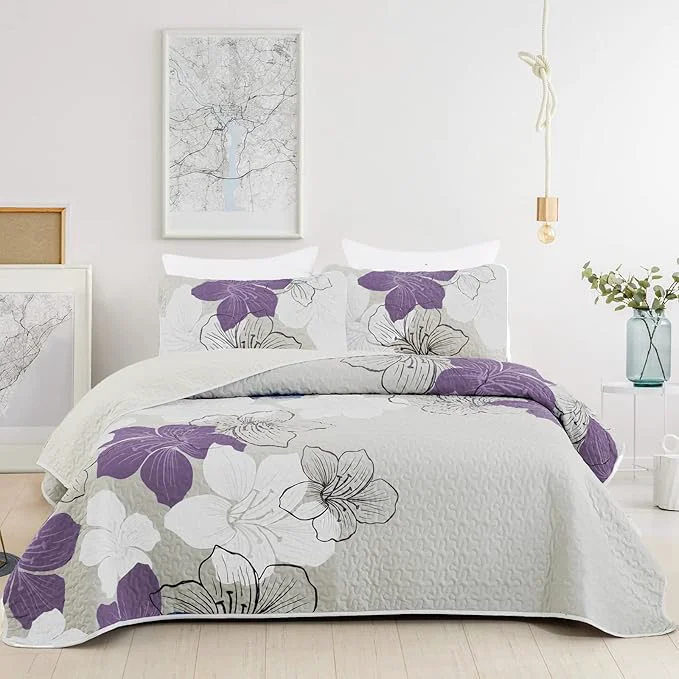 Superior DJY 3 Pieces Quilt Set California King Purple Floral Pattern Quilt Coverlet Set Elegant Lily Bedspread with 2 Pillow Shams Breathable Microfiber Bedding Quilt Set All Season Purple 106 quot x96 quot Stylish