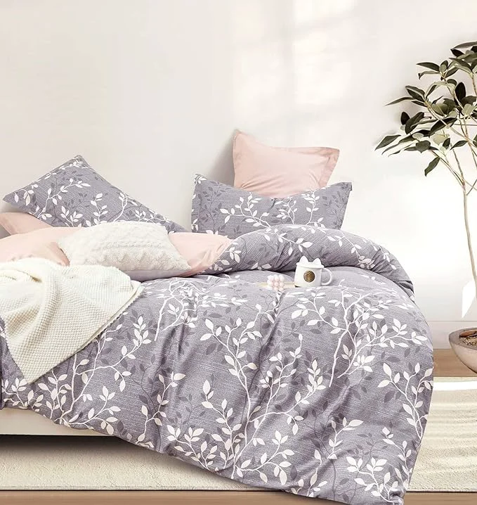 Unique Vintage Gray Cotton Comforter Queen Size 3Pcs – Luxurious Design with White amp Charcoal Branches Pattern Elegant Dusty Pink Reversible Lightweight Bedding Sets with Soft Fill 90 quot ×90 quot Fine Crafted