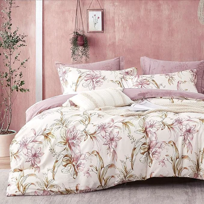 Innovative Floral Cotton Comforter King Size 3Pcs – Pink Flowers on Botanical Textured Beige Front Mauve Taupe Back Reversible Lightweight Bedding Sets with Soft Fill King 104 quot ×90 quot Premium