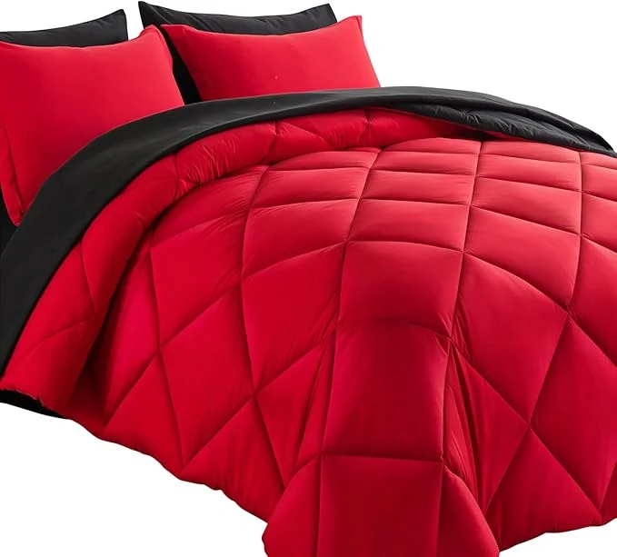 Authentic Cosybay Bed in a Bag Queen Reversible Comforter Sets 7pcs All Season Down Bedding Sets Red and Black with Comforter Pillow Shams Flat Sheet Fitted Sheet and Pillowcase Proven